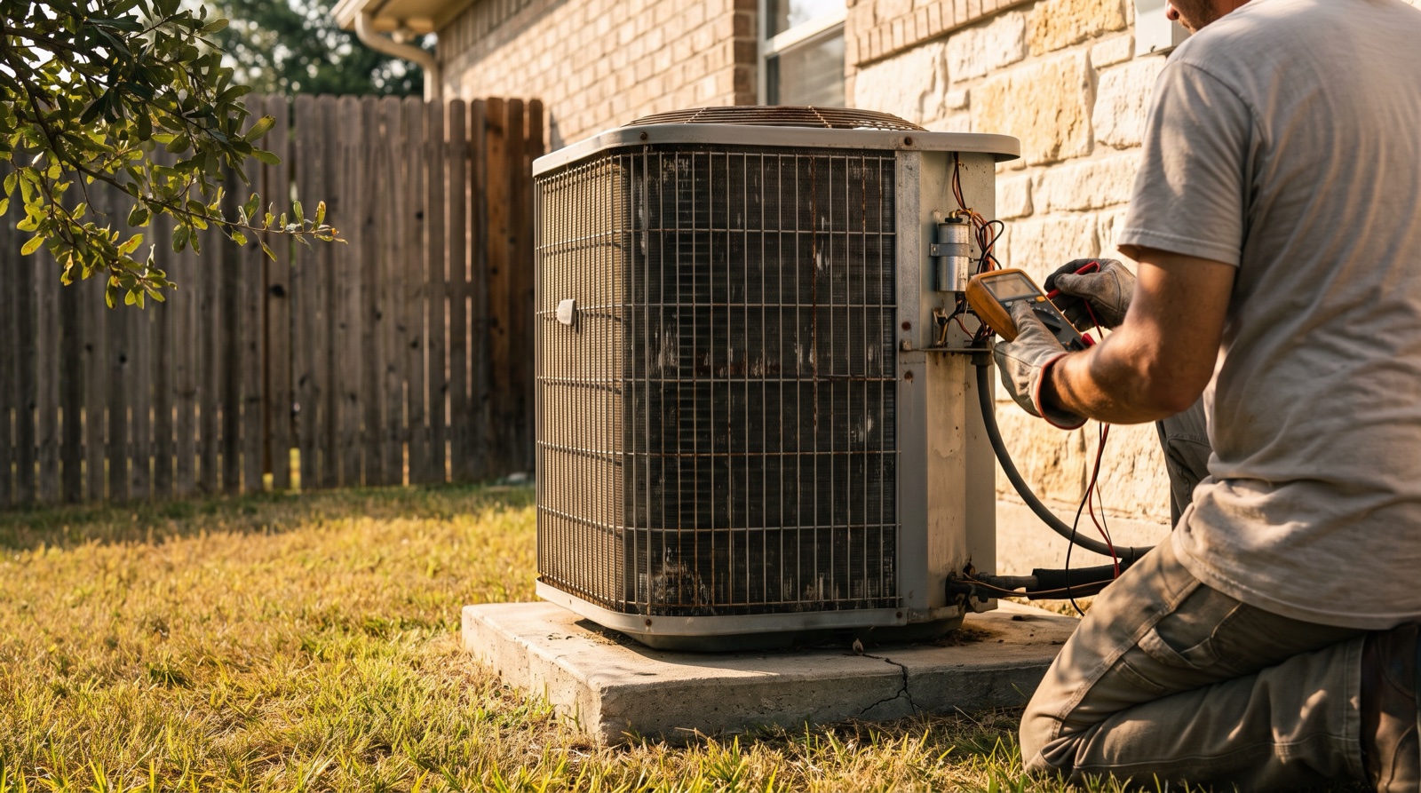 Technician testing the capacitor on an outdoor AC condenser beside a Central Texas stone and brick home in late afternoon sun