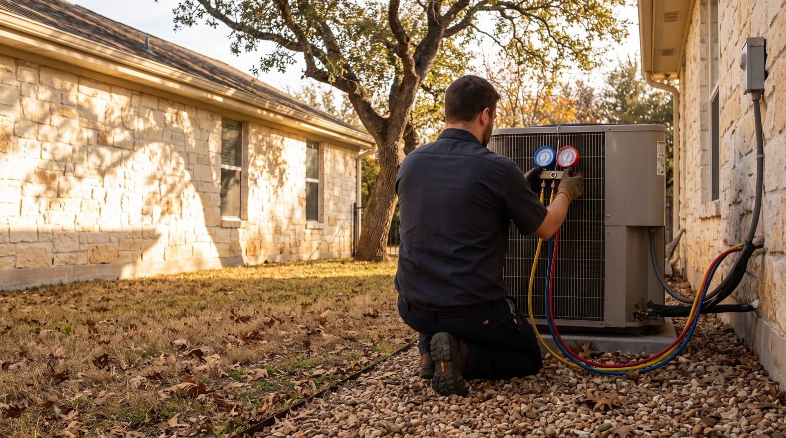 HVAC technician checking refrigerant gauges on an outdoor heat pump beside a Central Texas limestone home in low autumn light