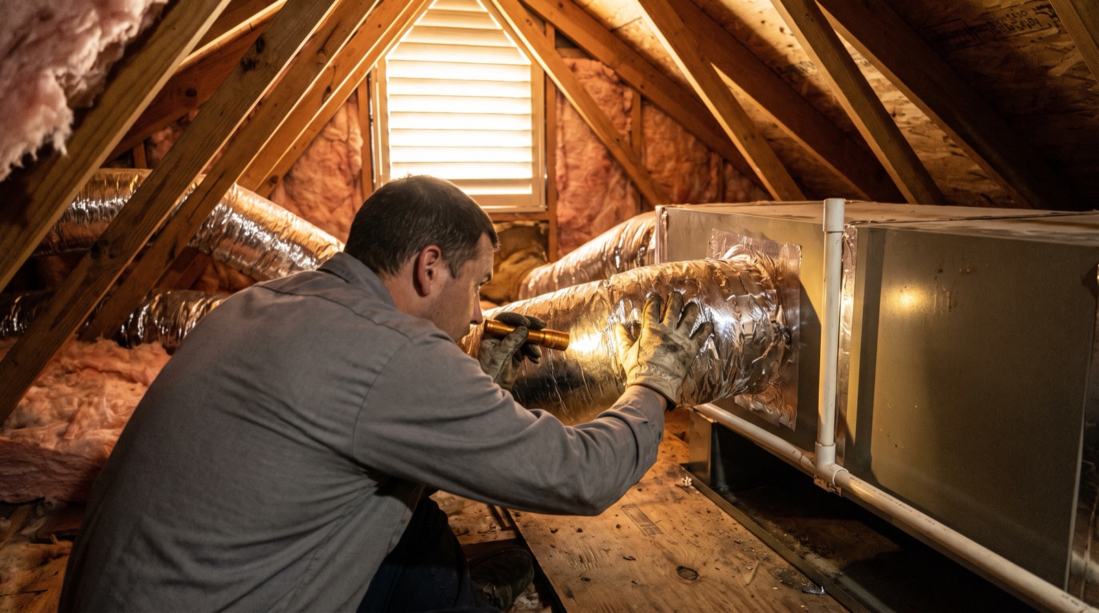Technician checking a taped flexible duct connection on an attic air handler in a Central Texas home, with warm daylight through a gable vent
